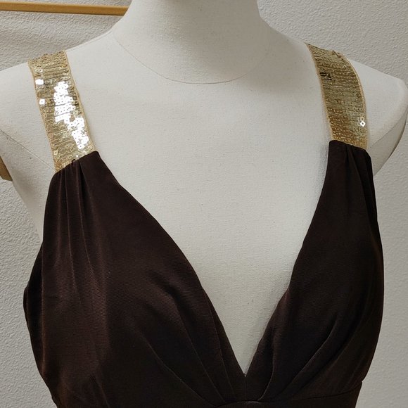 BROWN PARTY DRESS WITH GOLD SEQUINED STRAPS BLONIE NITES BY LINDA BERNELL S11 - Picture 2 of 11